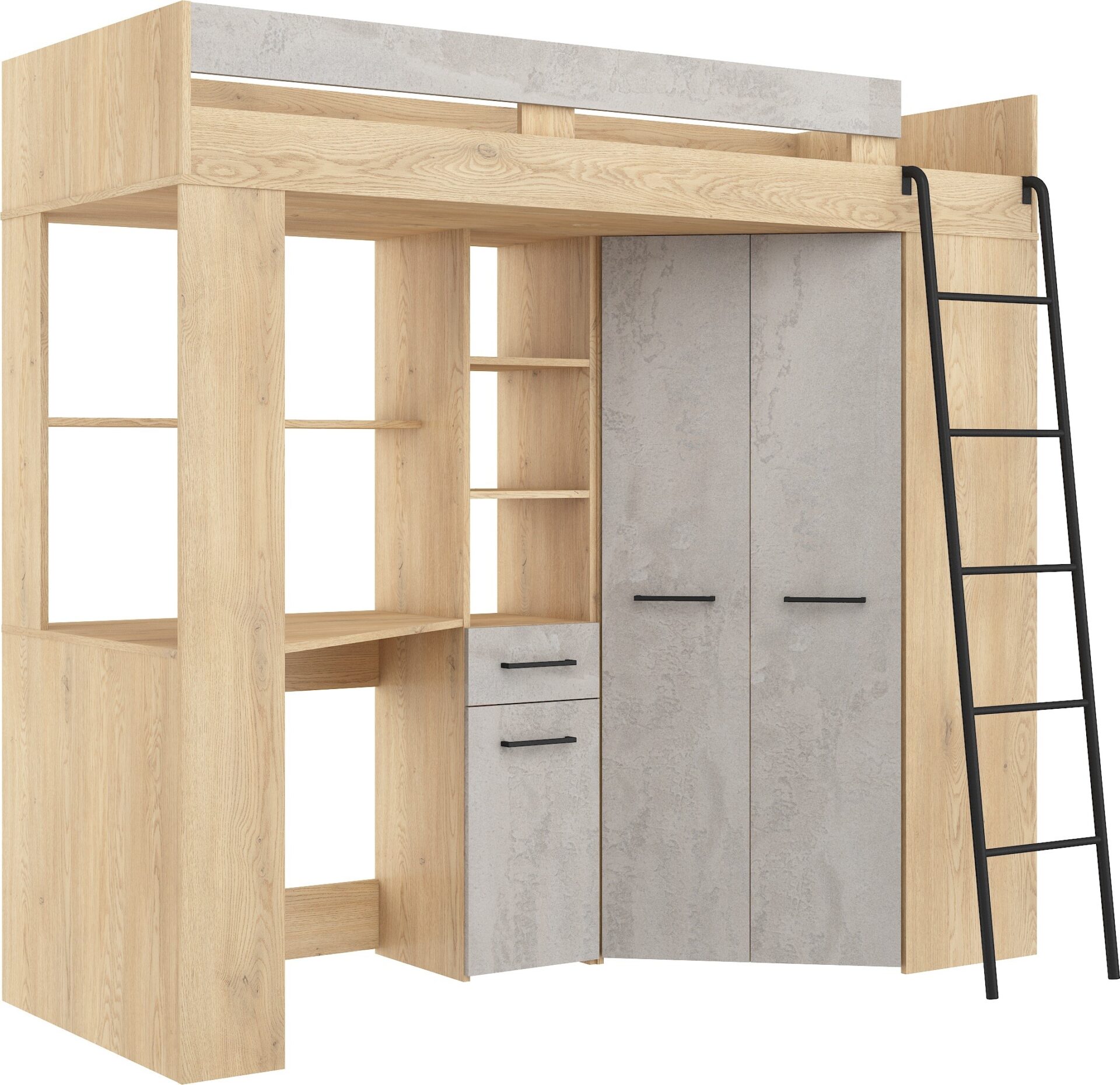 FLO P dviaukštė lova su stalu, kampinė spinta, antresolė, ąžuolas „Cremona“, betonas