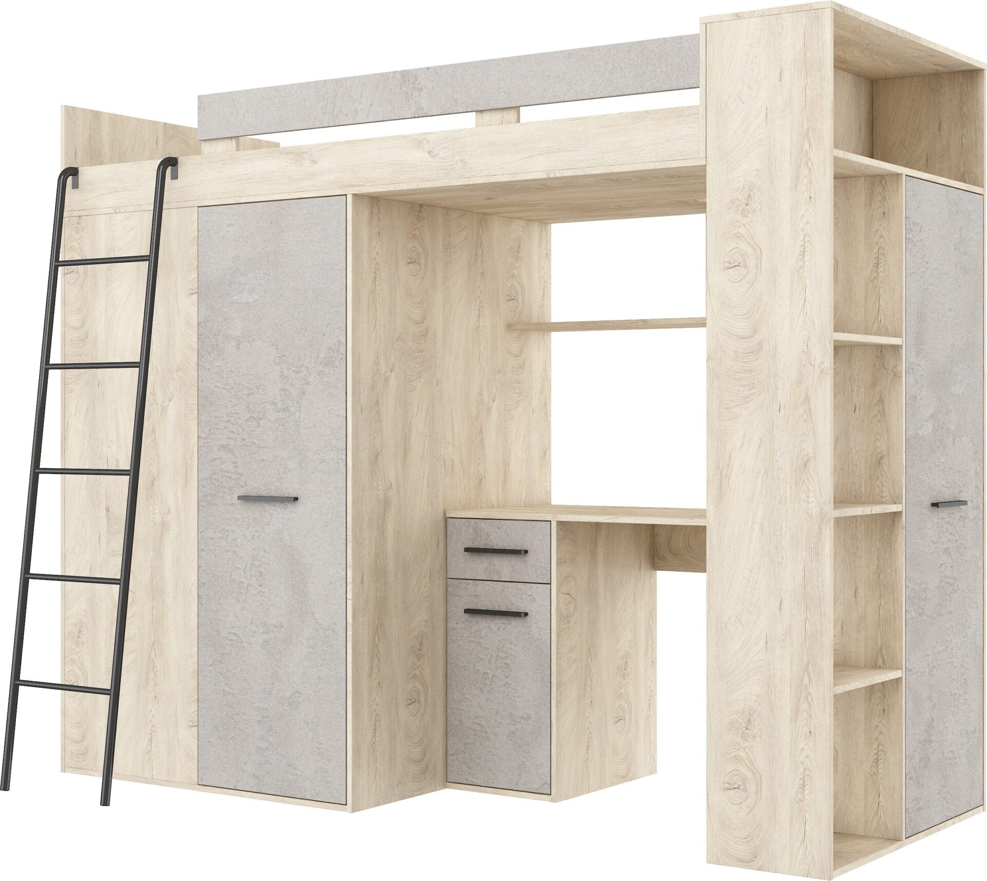 RAVENA L antresolė su stalu, spinta ir komoda, dažytas ąžuolas, betonas