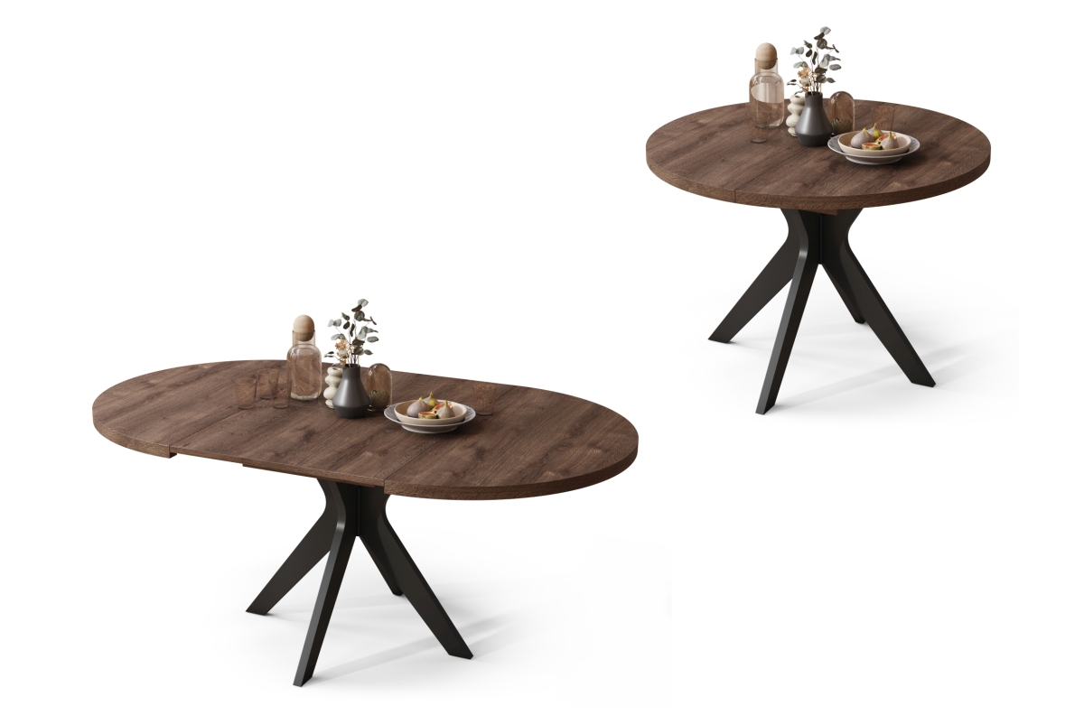 RENZO rudo ąžuolo/juodos kojos - APVALUS STALAS Ø110, IŠTRAUKIAMAS IKI 180 CM | VIRTUVEI VALGOMAJAM SVETAINEI RETRO