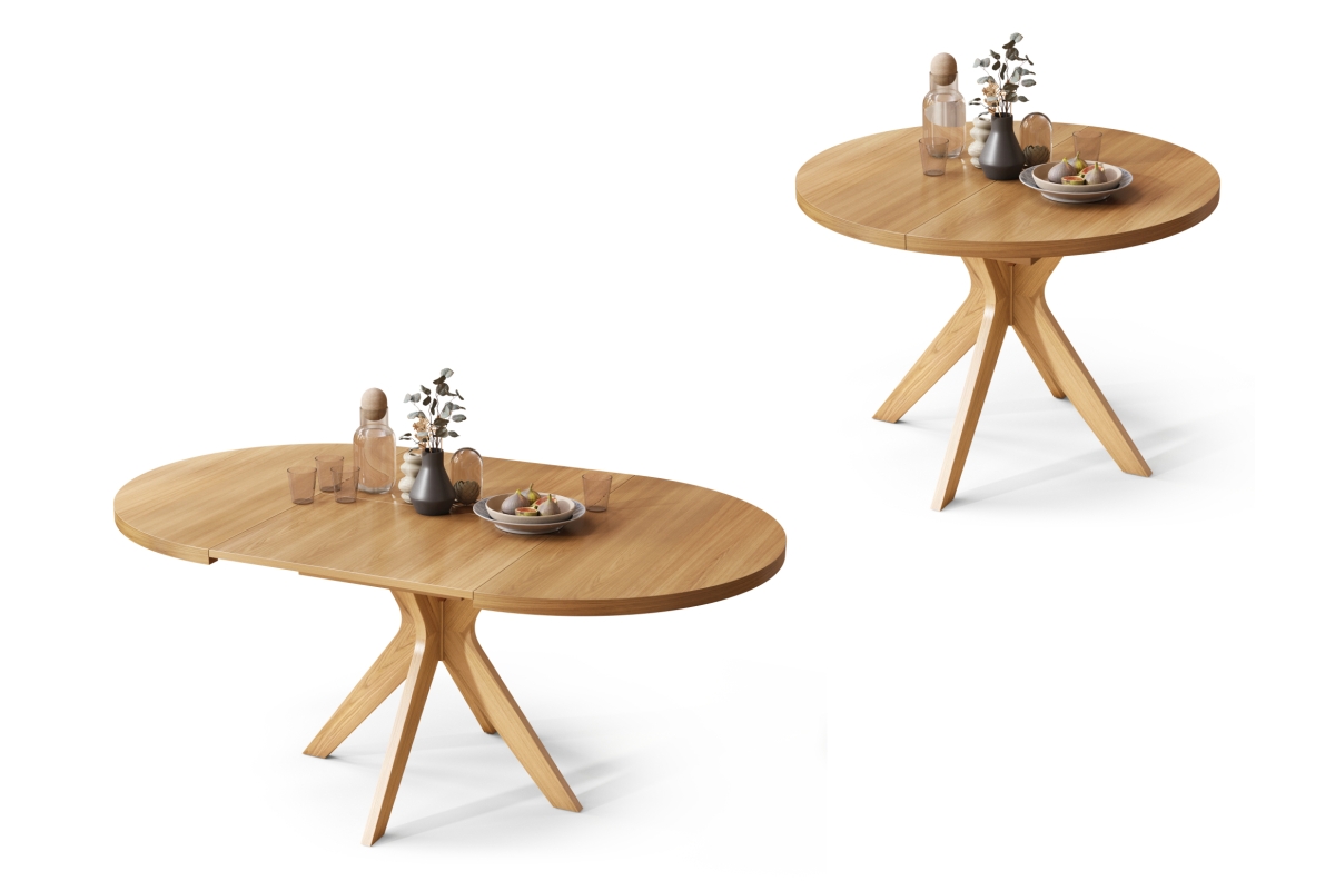 RENZO natūralaus ąžuolo spalvos - apvalus medinis stalas Ø110, prailginamas iki 180 cm | Virtuvei, valgomajam, svetainei, retro stiliui