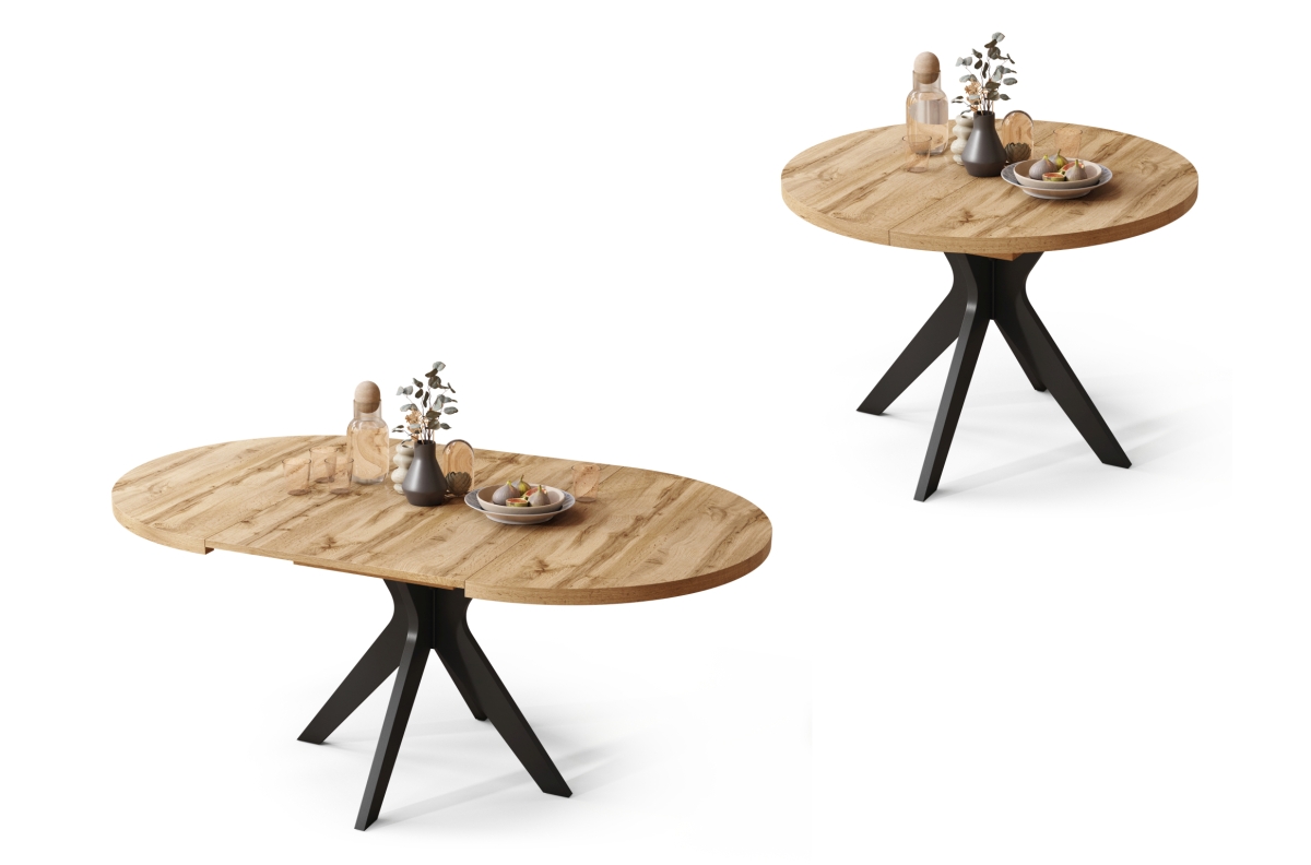 RENZO Wotan ąžuolo/juodos kojos - APVALUS STALAS Ø110, IŠTRAUKIAMAS IKI 180 CM | VIRTUVEI VALGOMAJAM SVETAINEI RETRO