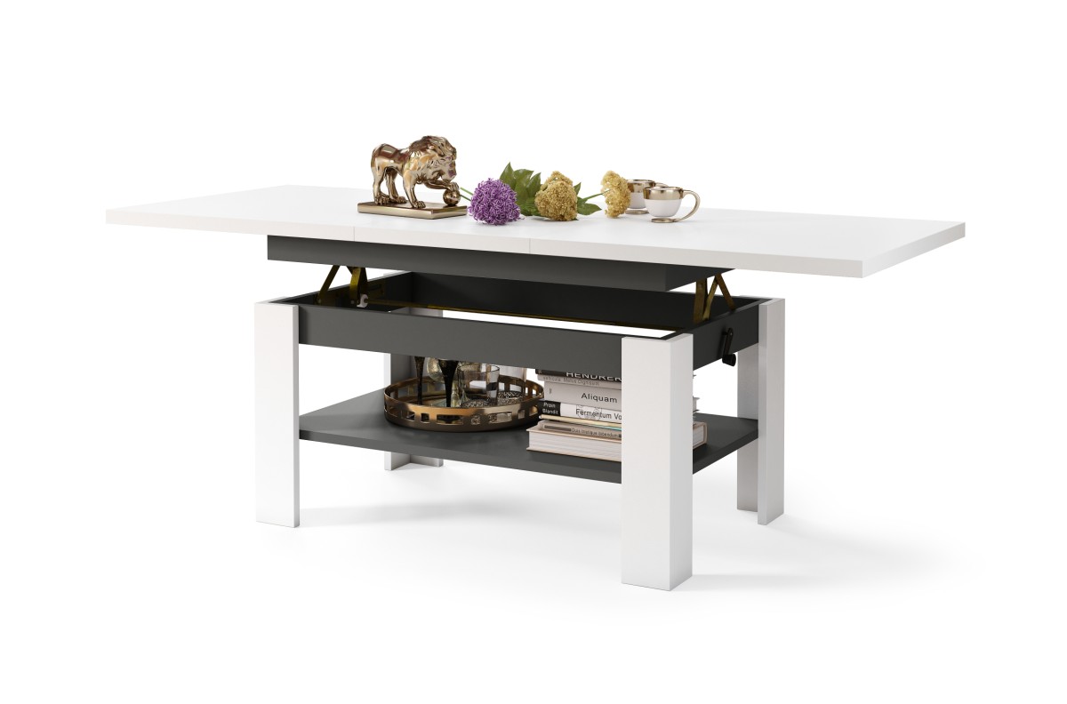 RIO matinė balta/antracito (tamsiai pilka) - sulankstomas suolas su pakeliamu stalu ir lentyna