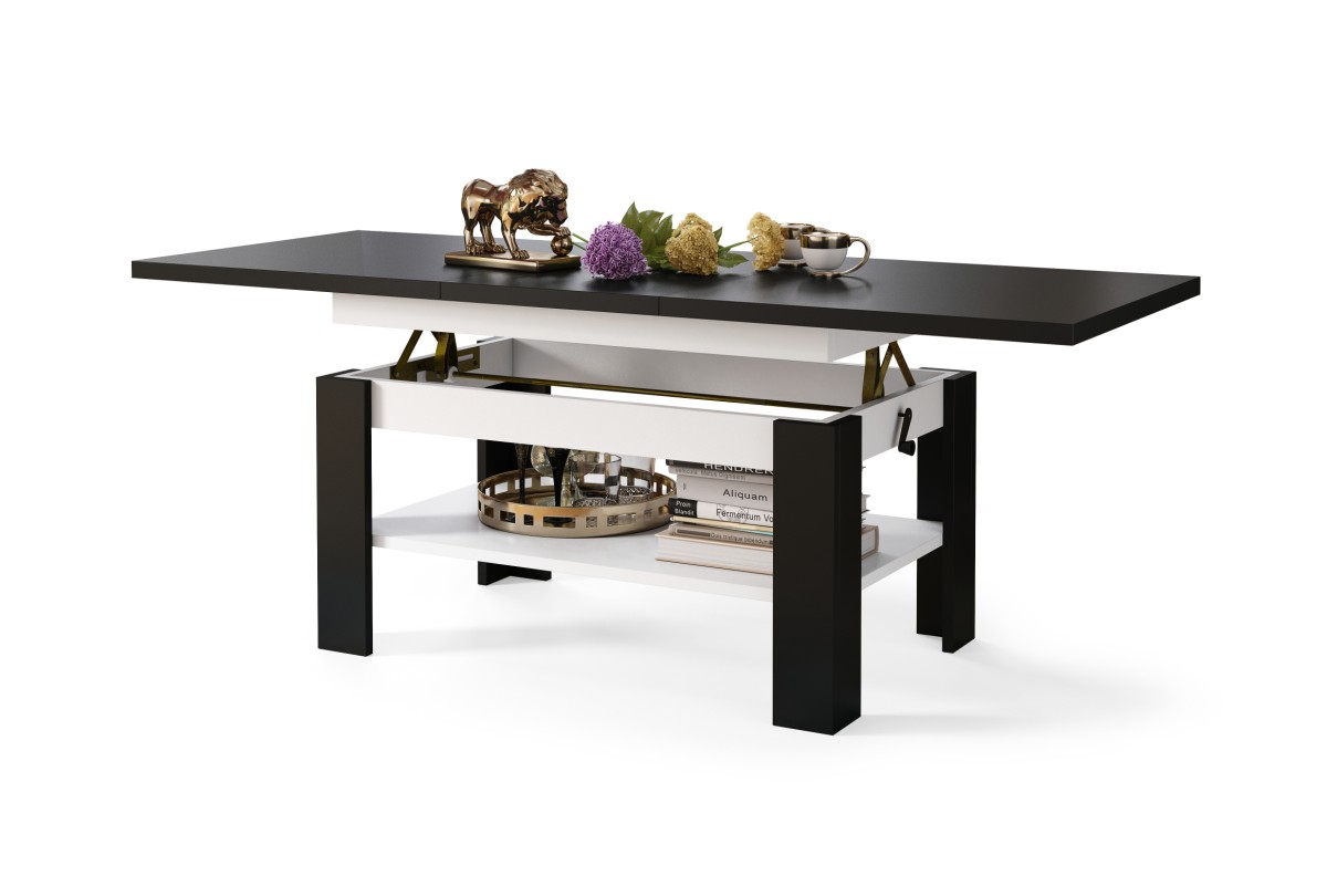 RIO juoda/balta - sulankstomas suolas, pakeliamas staliukas, kavos staliukas su lentyna