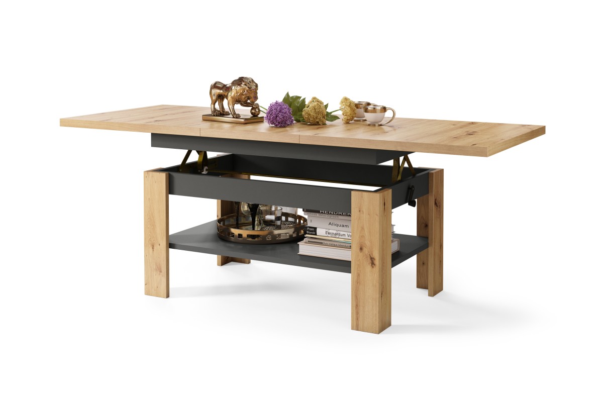 RIO Artisan ąžuolo/antracito (tamsiai pilkos) spalvos – ištraukiamas pakeliamas suolas-staliukas su lentyna