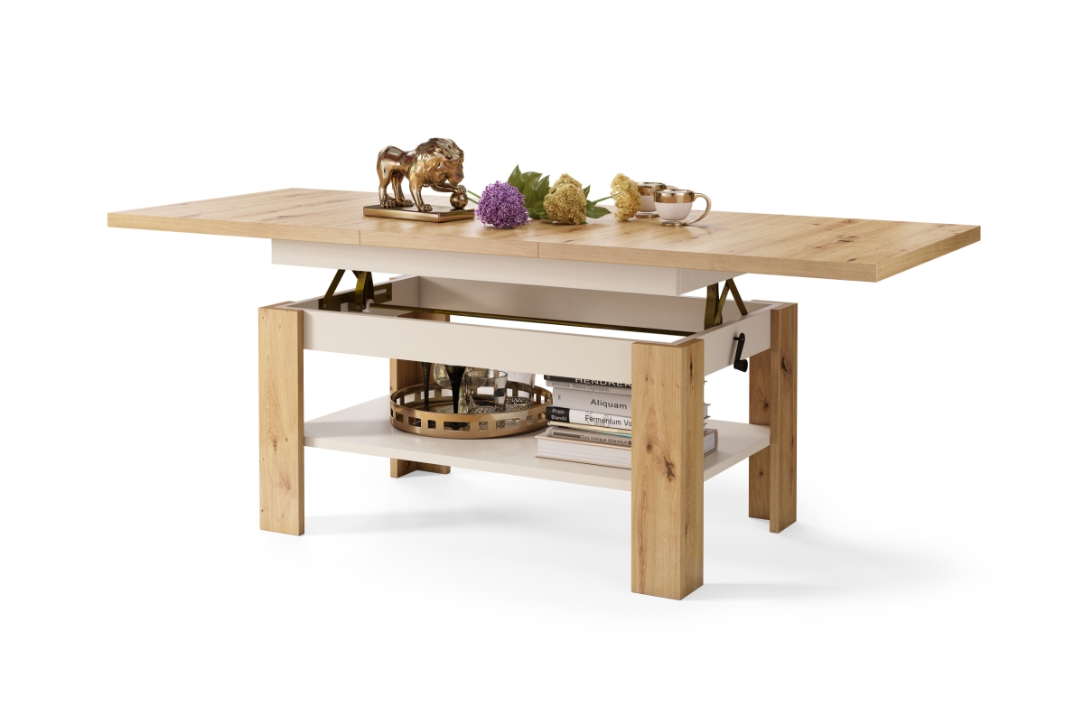 RIO Artisan ąžuolo/smėlio spalvos (šampano spalvos) - IŠPLĖSTAMAS PAKELIAMAS KAVOS STALIUKAS SU LENTYNA