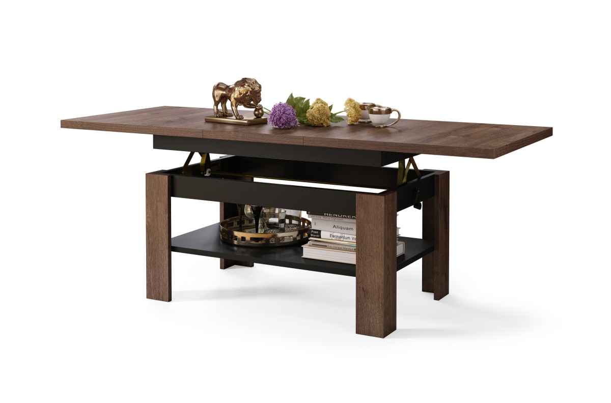 RIO rudas ąžuolas/matinė juoda - sulankstomas, pakeliamas kavos staliukas su lentyna