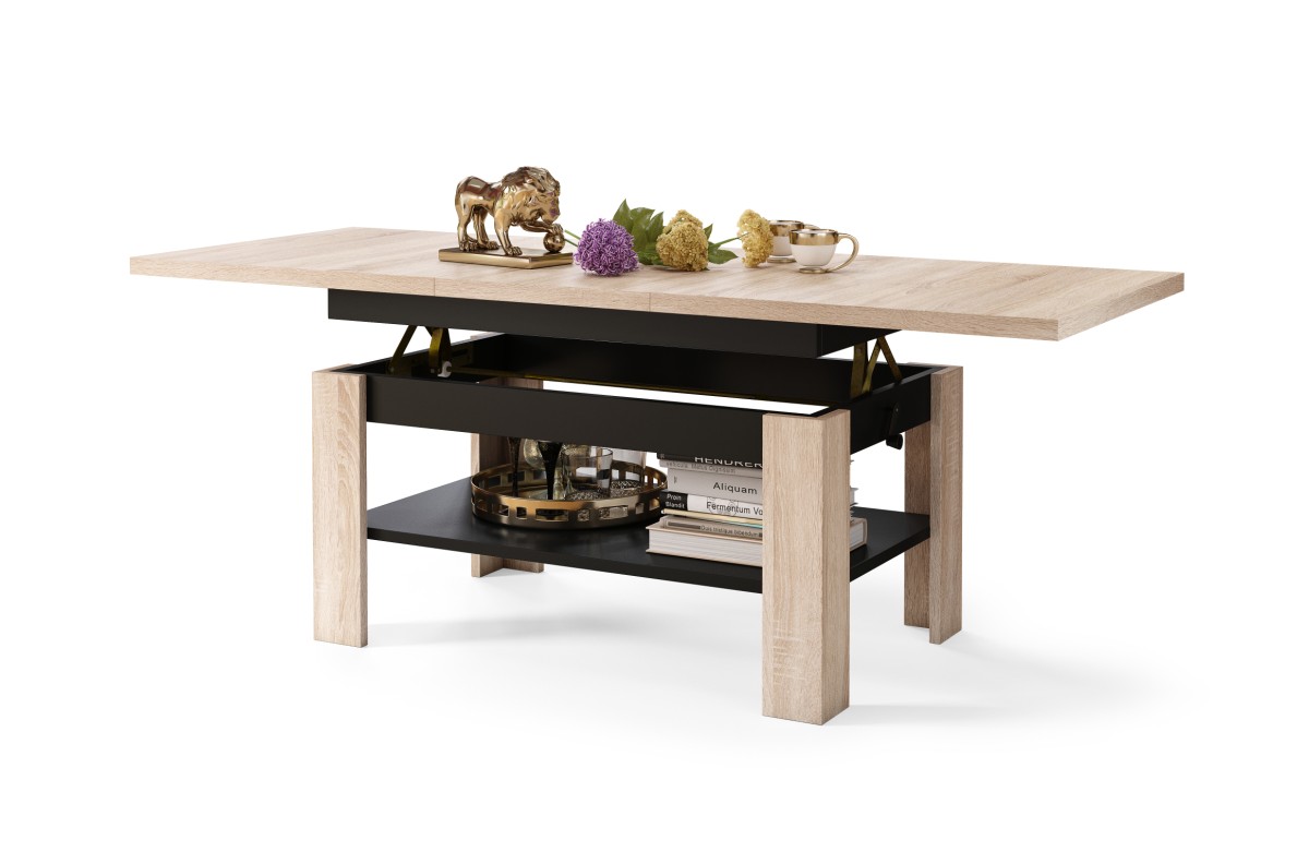 RIO Sonoma ąžuolo/matinės juodos spalvos - SULANKSTOMAS, PAKELIAMAS KAVOS STALIUKAS SU LENTYNA