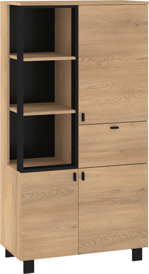 GAVES 09 baldai, palėpės lentynų spintelė svetainei, kremonos ąžuolas, juoda