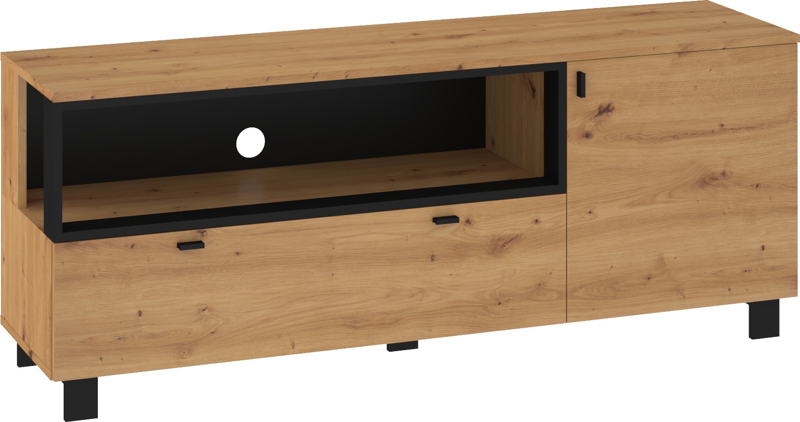 GAVES 13 baldų komoda, stalas, TV spintelė, palėpės formos, svetainė, artisan ąžuolas, juodas