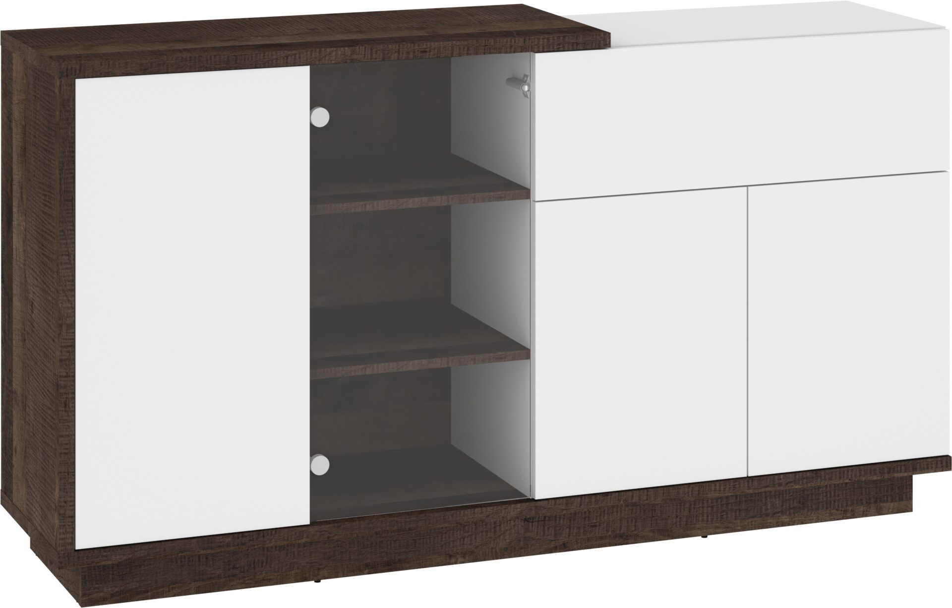 BRITA 08 baldų vitrina su stalčiumi svetainei, ąžuolo spalvos, balta blizgi