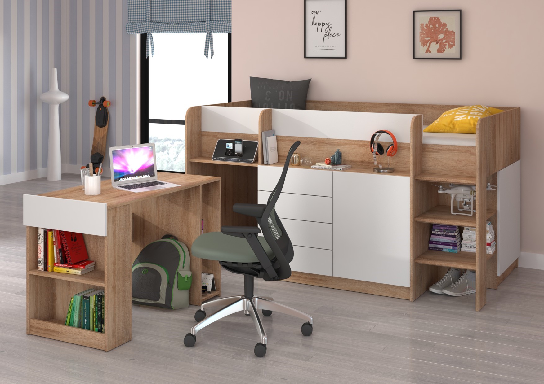 EMI P dviaukštė lova, rašomasis stalas, komoda, antresolė, Sonoma ąžuolas, balta