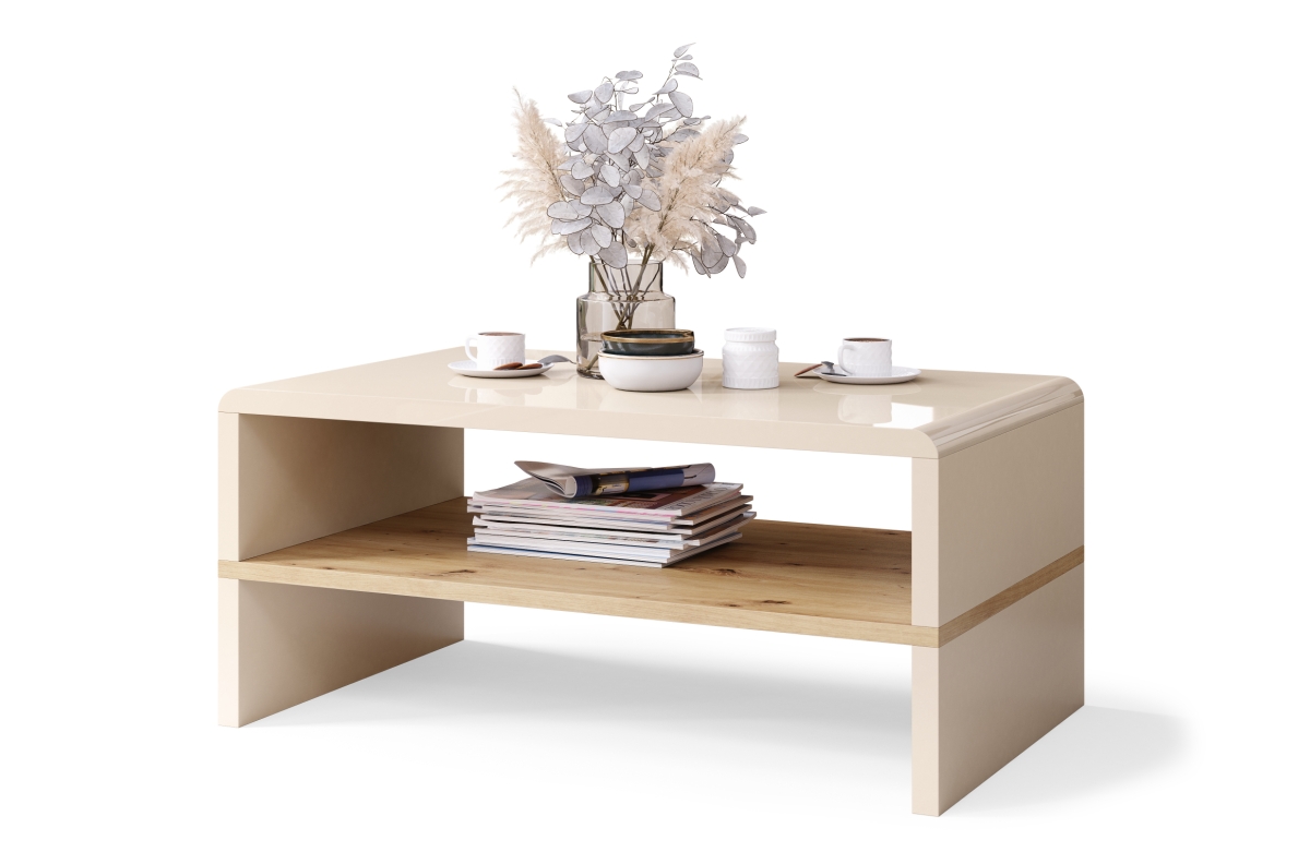 ROCK smėlio spalvos blizgios / artisan ąžuolo spalvos - MODERNUS SVETAINĖS KAVOS STALIUKAS SU LENTYNA