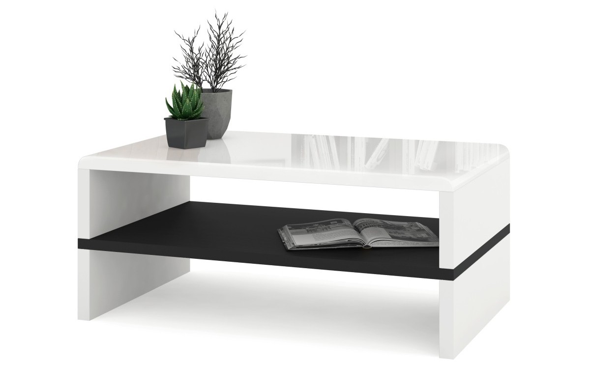 ROCK blizgi balta/juoda - MODERNUS kavos staliukas su lentyna