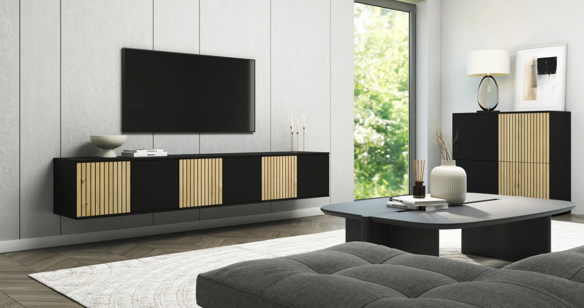 Lofto stiliaus TV spintelė su grotelėmis, 210 cm, Ross