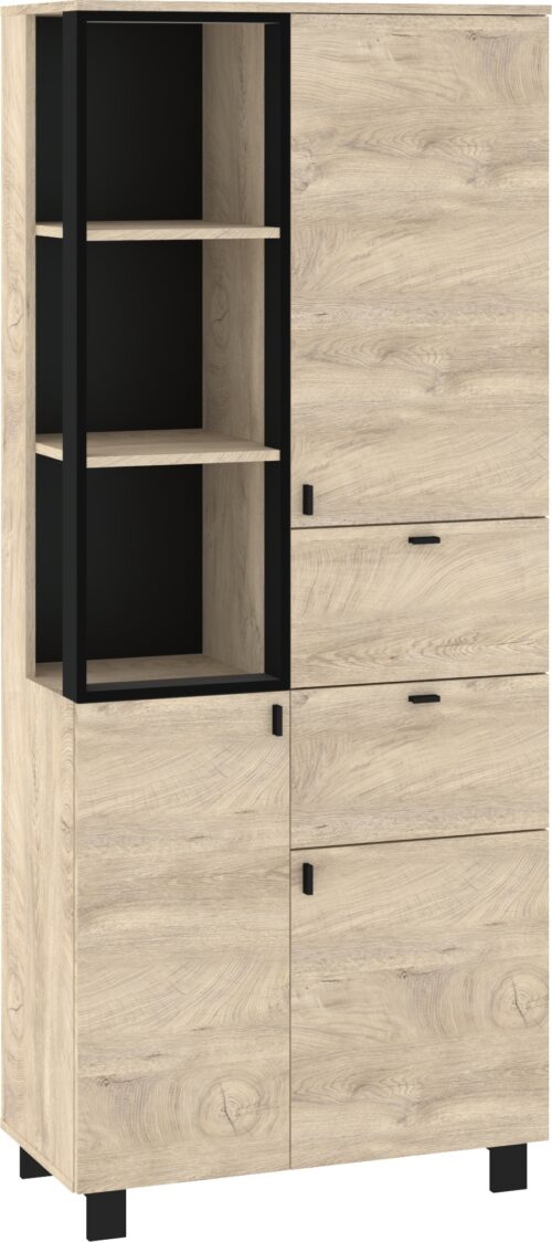 GAVES 10 baldai, aukšta lentynų spintelė su stalčiais ir durelėmis, juodo ąžuolo spalvos