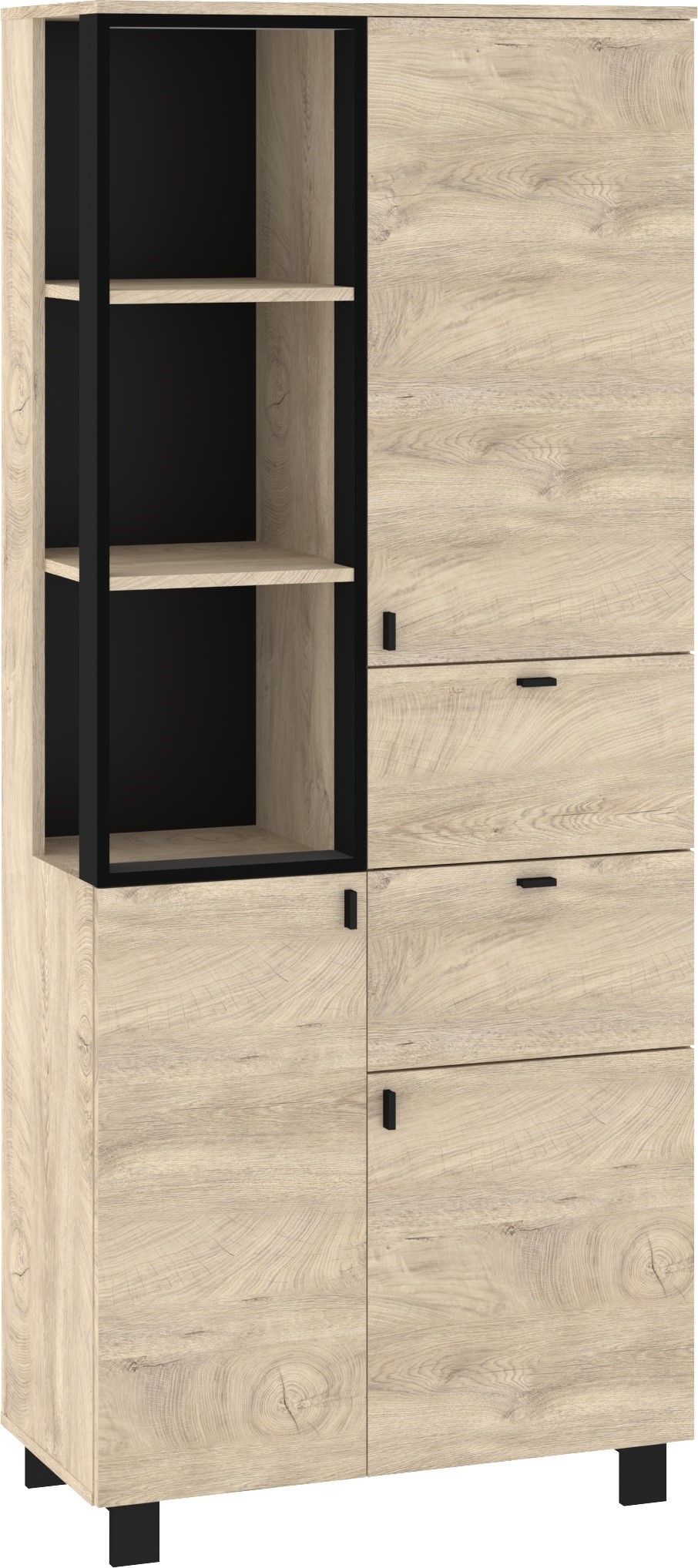 GAVES 10 baldai, aukšta lentynų spintelė su stalčiais ir durelėmis, juodo ąžuolo spalvos