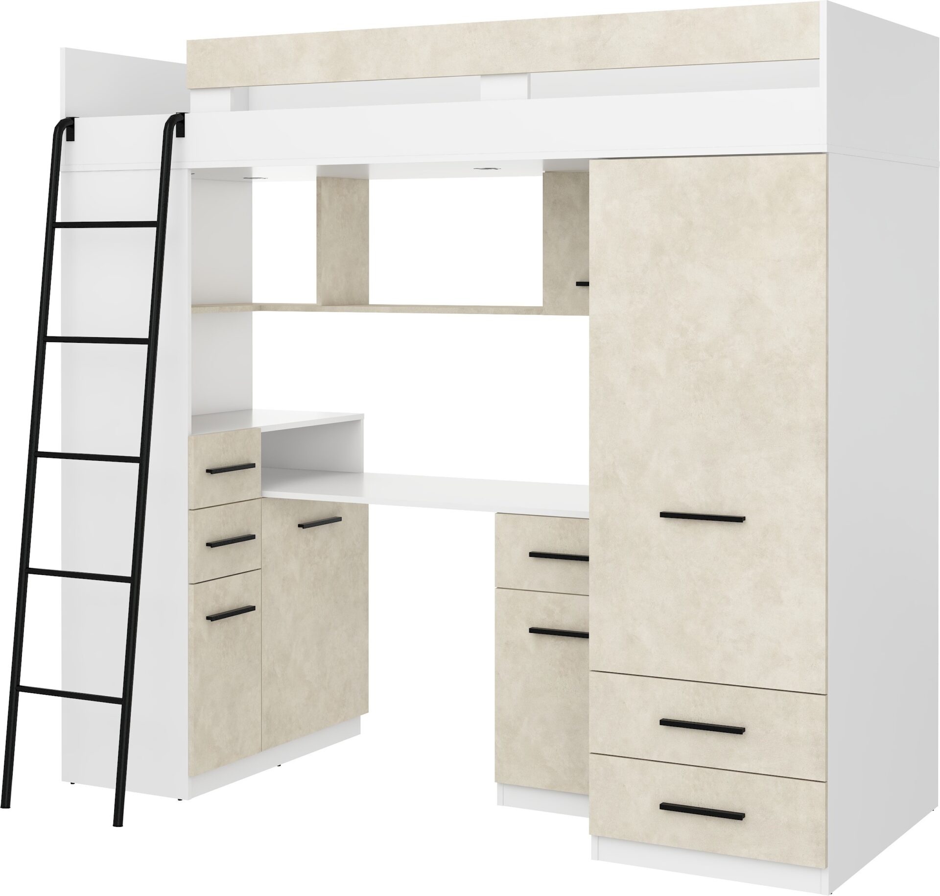 MYKS L antresolė su stalu, spinta ir komoda, balta, migdolų spalvos