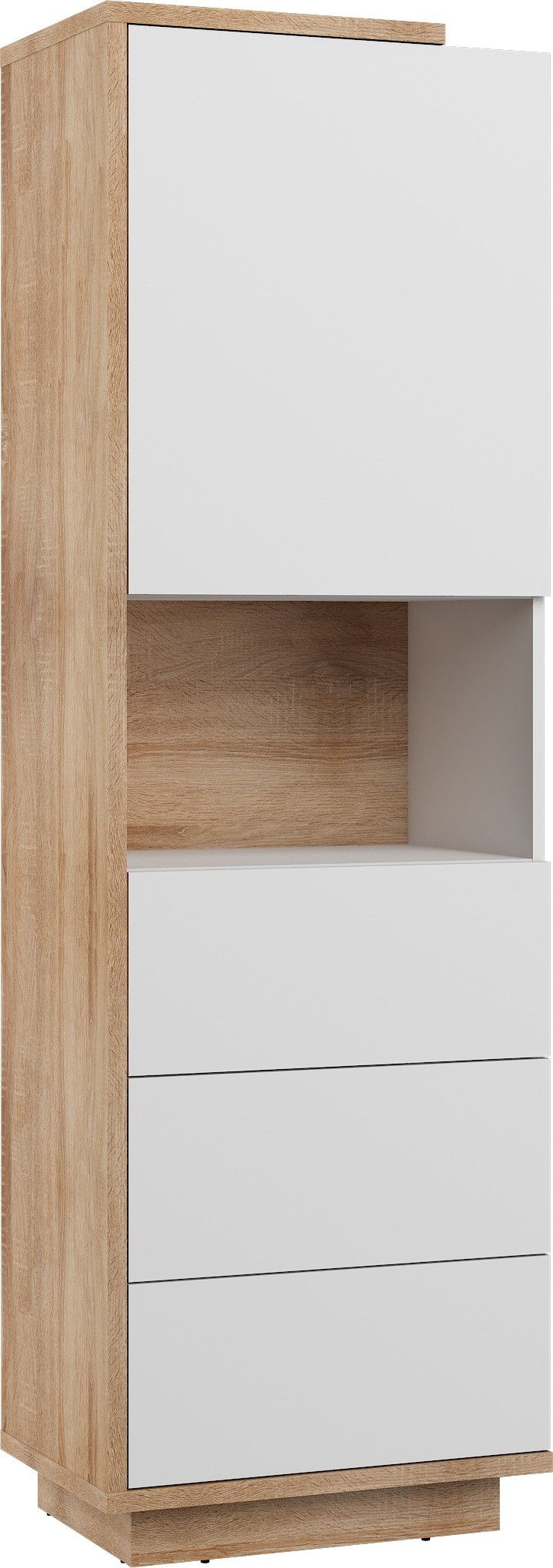 BRITA 18 baldai, aukšta lentyna su stalčiais, durys, lentyna, Sonoma ąžuolas, balta