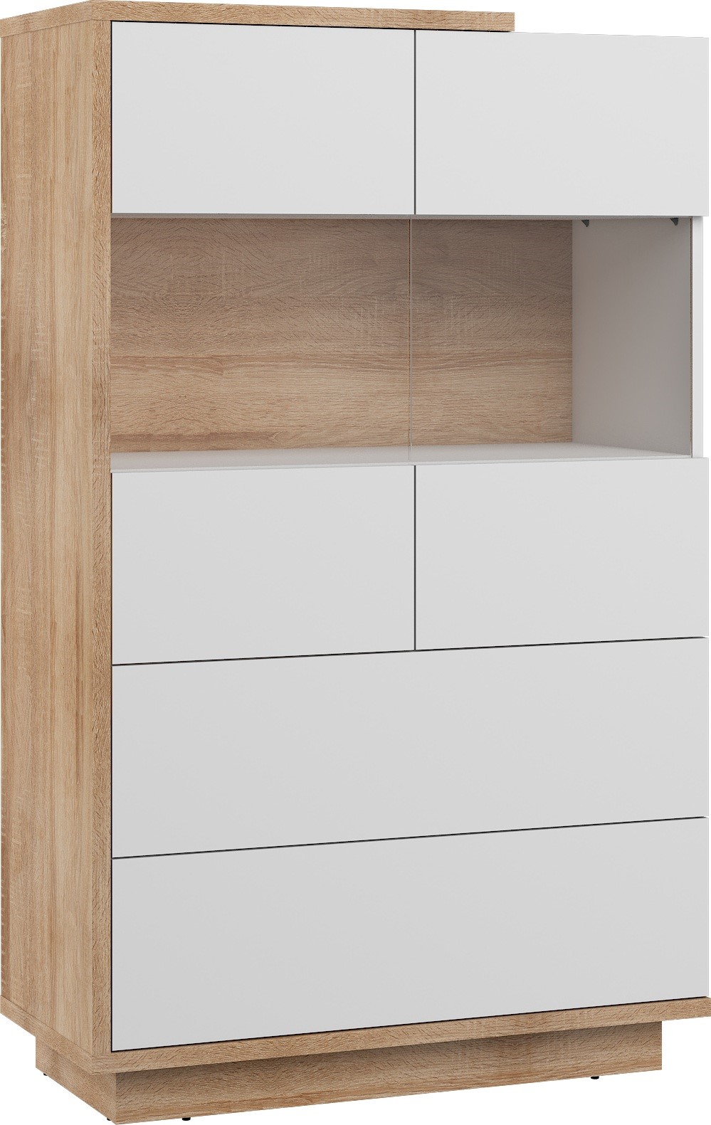 BRITA 28 žema vitrina su stalčiais svetainei, Sonoma ąžuolas, balta poliruota