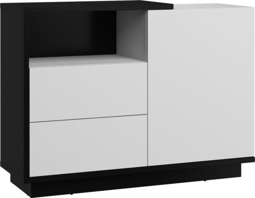 BRITA 03 baldų komoda su durelėmis ir lentyna, juodai balta blizgi