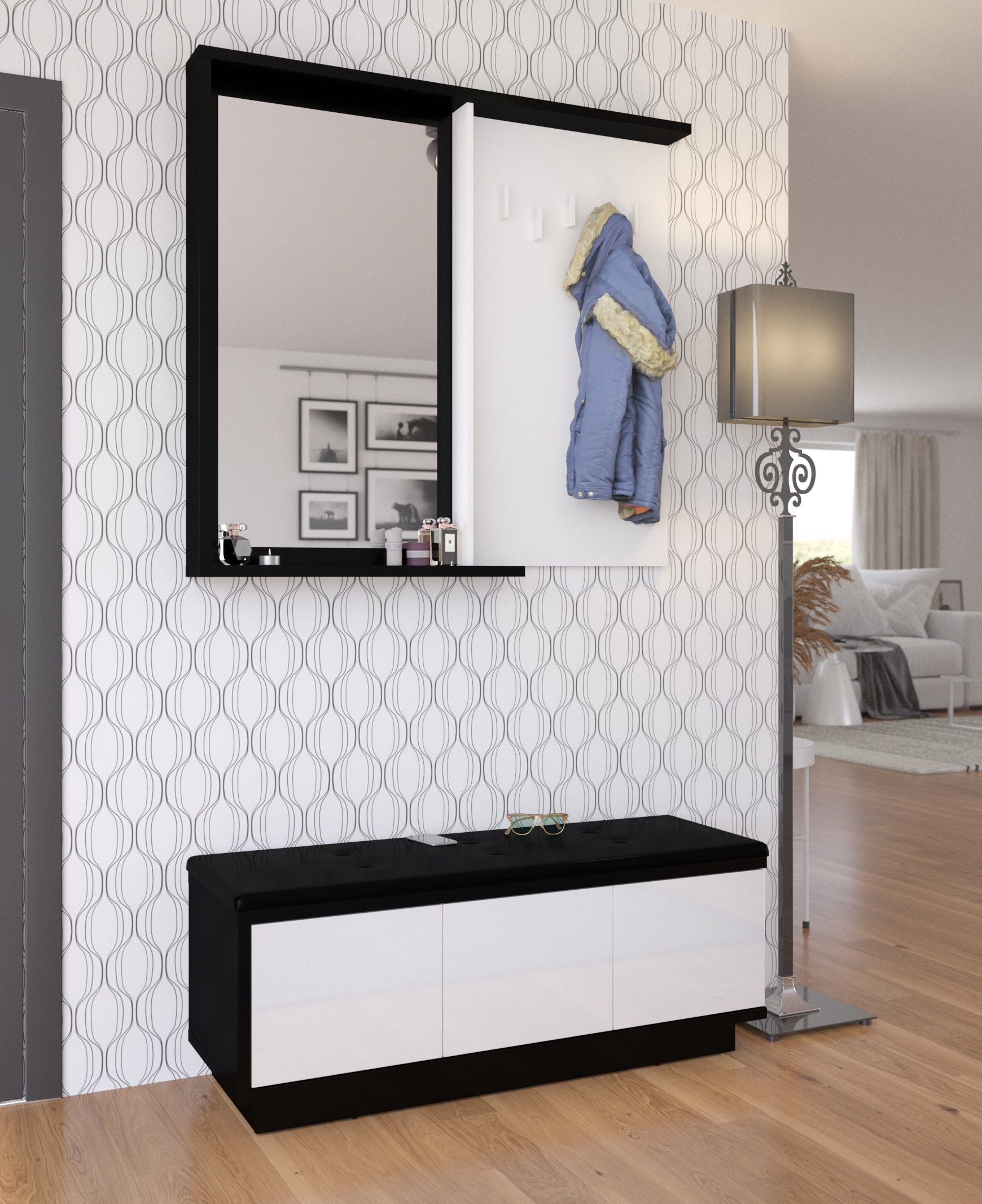 BRITA baldai Nr. 5 prieškambaris su veidrodžiu, spintelė su sėdyne, juodai balta blizgi