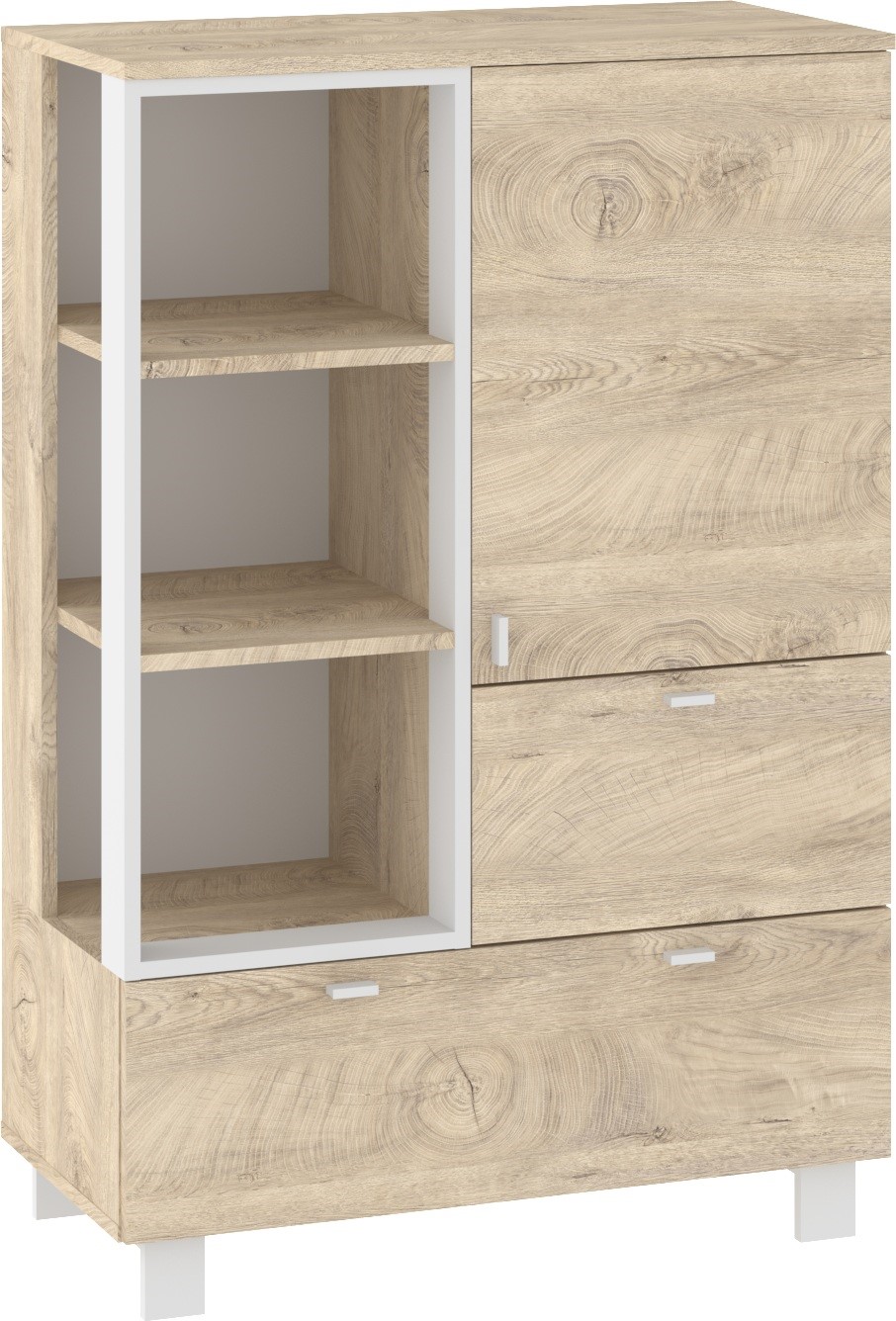 GAVES 06 baldai, žema knygų lentyna su stalčiais, lofto stiliaus, ąžuolo imitacijos, balta