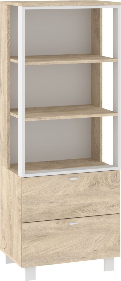 GAVES 08 baldai, lentyna su stalčiais ir lentynomis svetainei, palėpė, ąžuolo medienos imitacija, balta