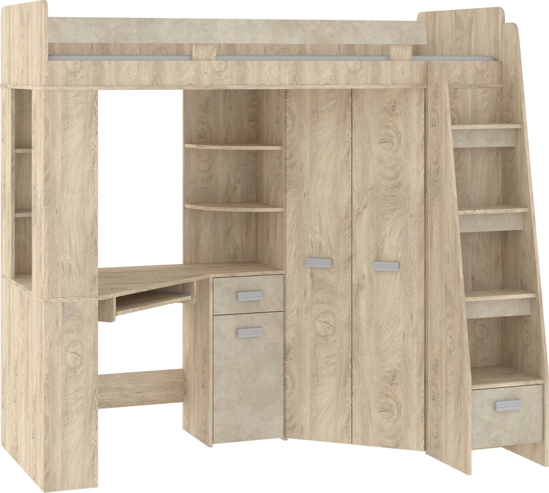 SOLA P migdolų pilkumo dviaukštė lova su stalu, kampinė spinta, antresolė