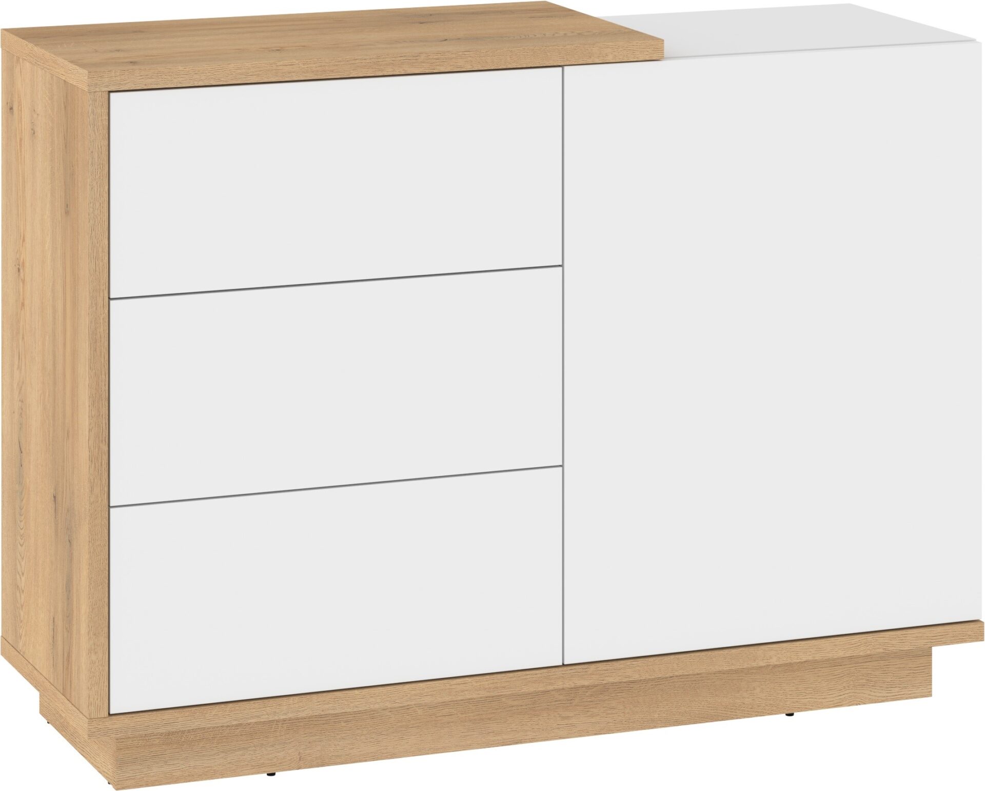BRITA 04 baldų komoda su durelėmis svetainei, kremonos ąžuolas, balta