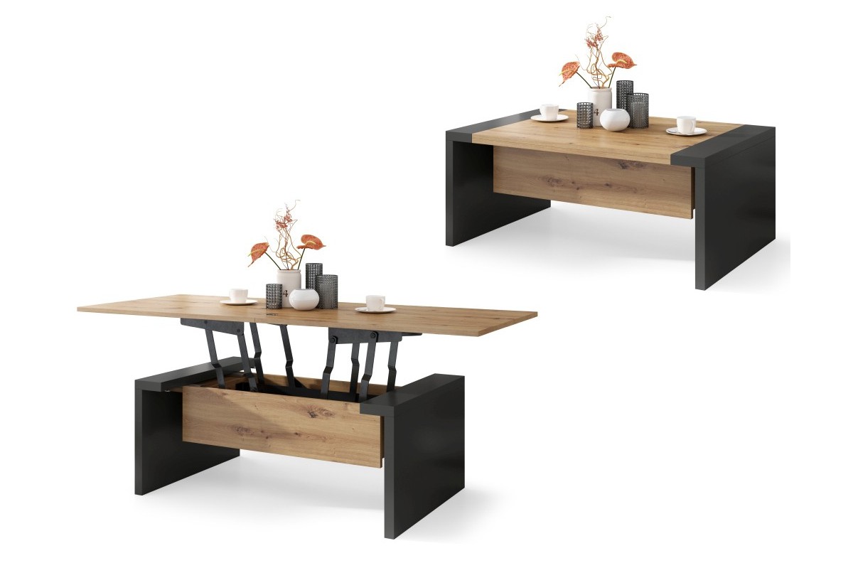 SPACE Artisan Oak/Anthracite (tamsiai pilka) - kavos staliukas su ištraukiamu ir pakeliamu stalviršiu