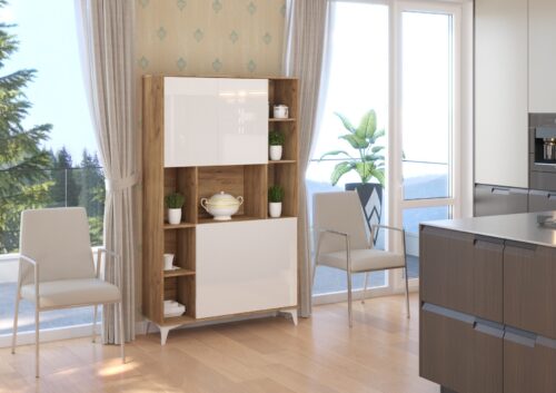 MEGI 2 baldų knygų lentyna + rašomasis stalas, ąžuolo aukso spalvos / baltos spalvos, blizgios