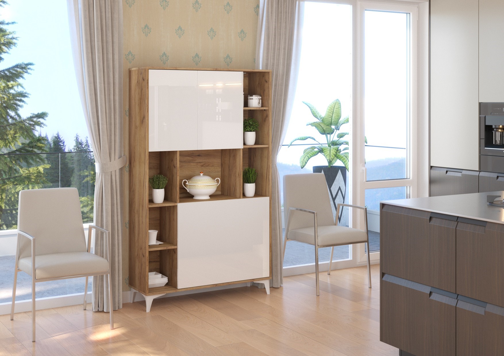 MEGI 2 baldų knygų lentyna + rašomasis stalas, ąžuolo aukso spalvos / baltos spalvos, blizgios