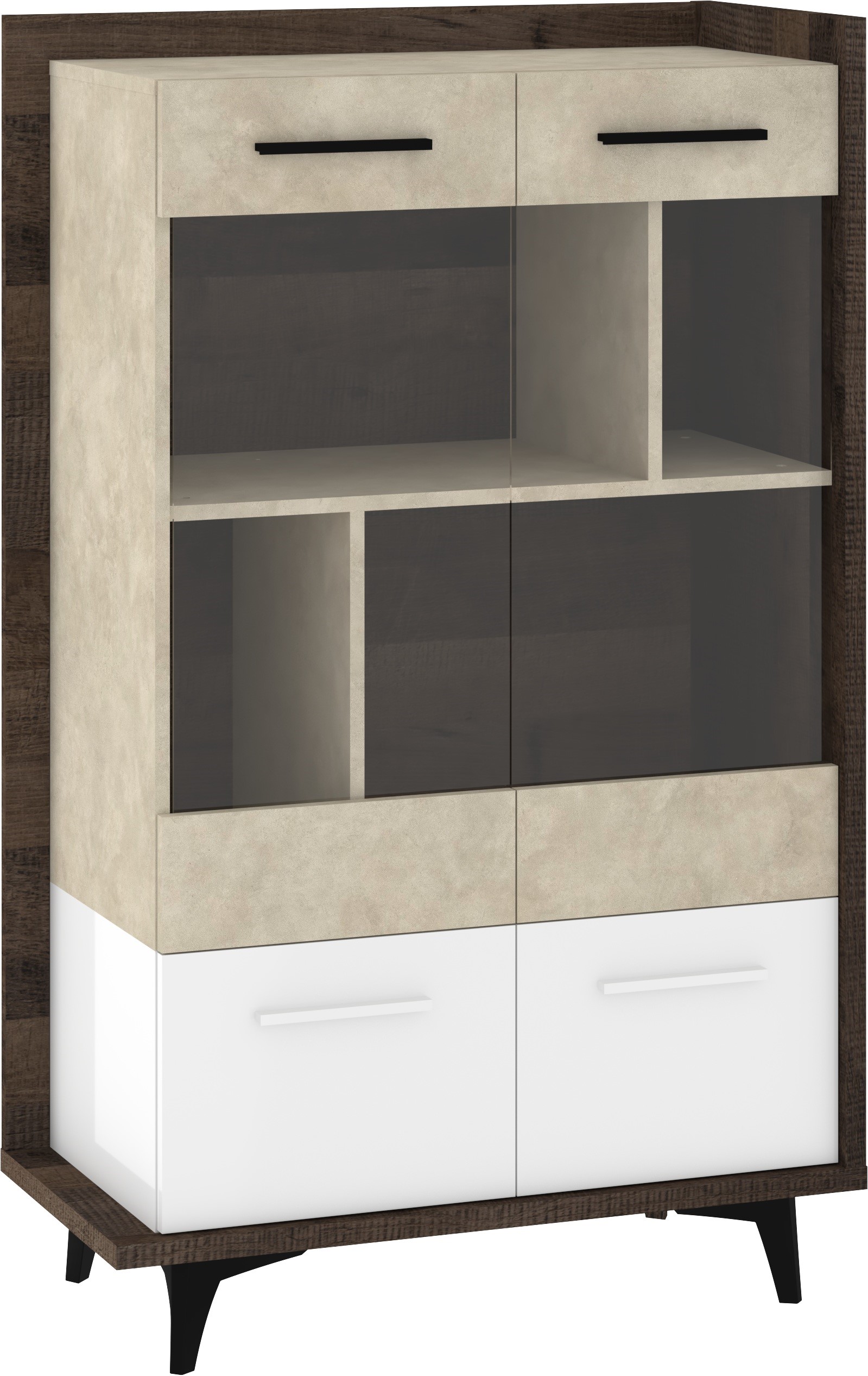 DOX 12 baldai, žema vitrina svetainei su durelėmis, ąžuolo spalvos, balta, granada mi