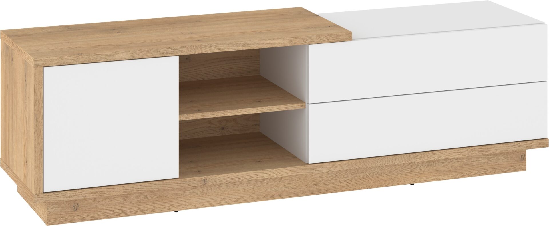 BRITA 21 baldų komoda, stalas, TV spintelė su stalčiais, kremonos ąžuolas, balta