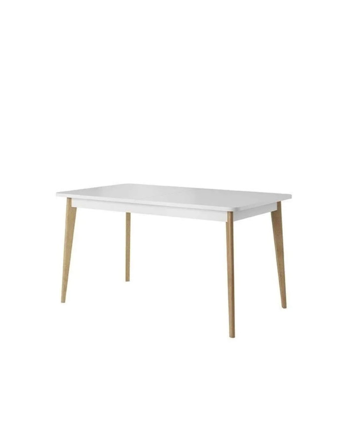 Nordi NST140 stačiakampis stalas, ištraukiamas, medinės kojos, 140-180/76/80 cm, baltas / Riviera ąžuolas