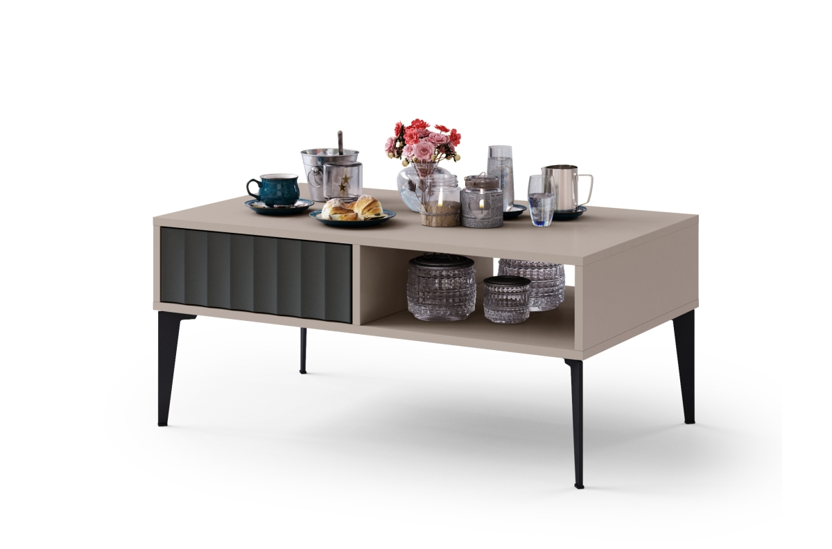 RIMINI S-100 rusvai pilkos spalvos/matinės juodos spalvos kavos staliukas - MODERNUS KAVOS STALIUKAS SU STALČIAIS/LENTYNOMIS IR GRIOVELIUOTAIS PRIEKINIAIS