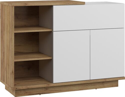 BRITA 06 baldai, komoda su lentynomis, durelėmis, ąžuolo dirbiniai, auksinė, balta blizgi spalva