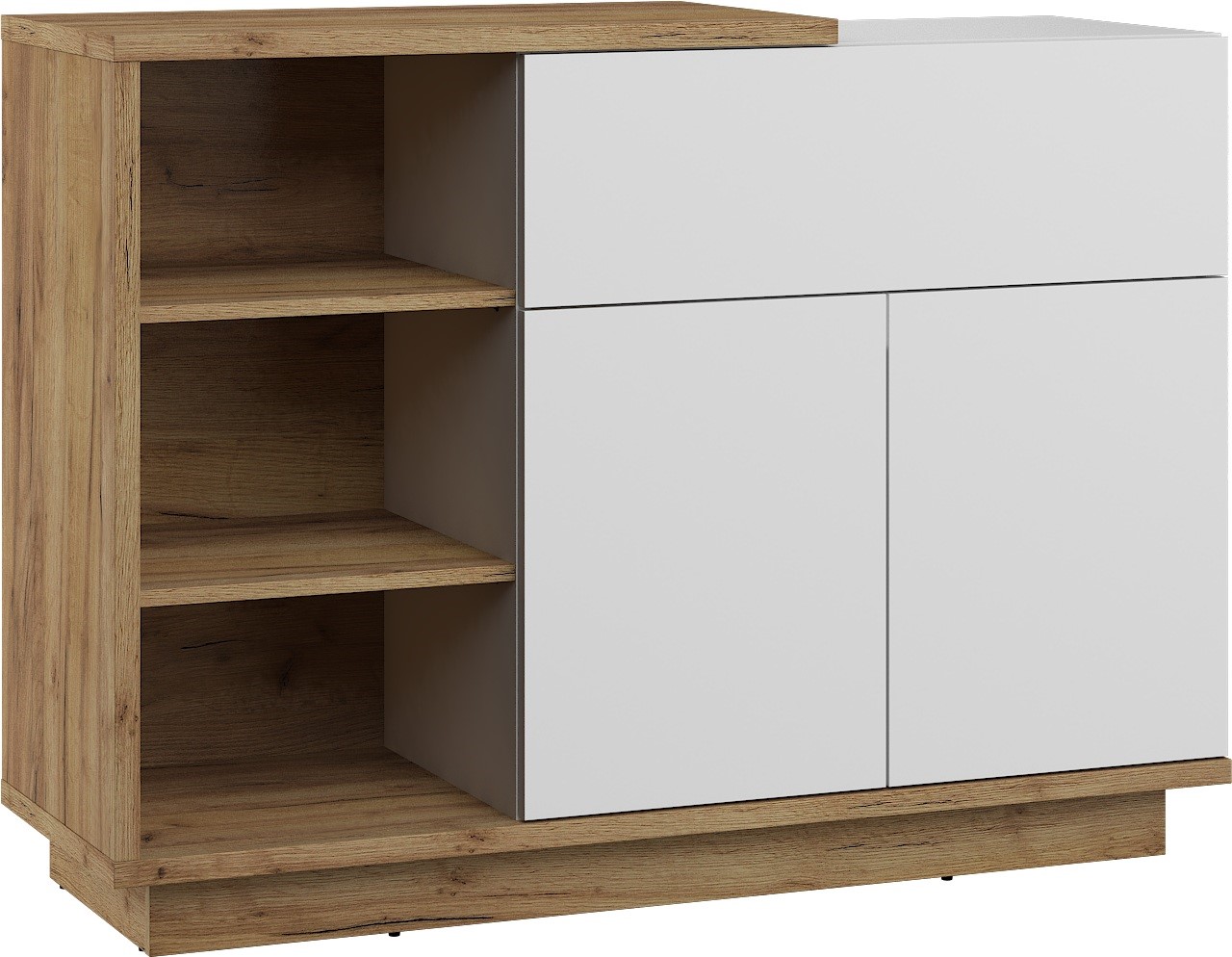 BRITA 06 baldai, komoda su lentynomis, durelėmis, ąžuolo dirbiniai, auksinė, balta blizgi spalva