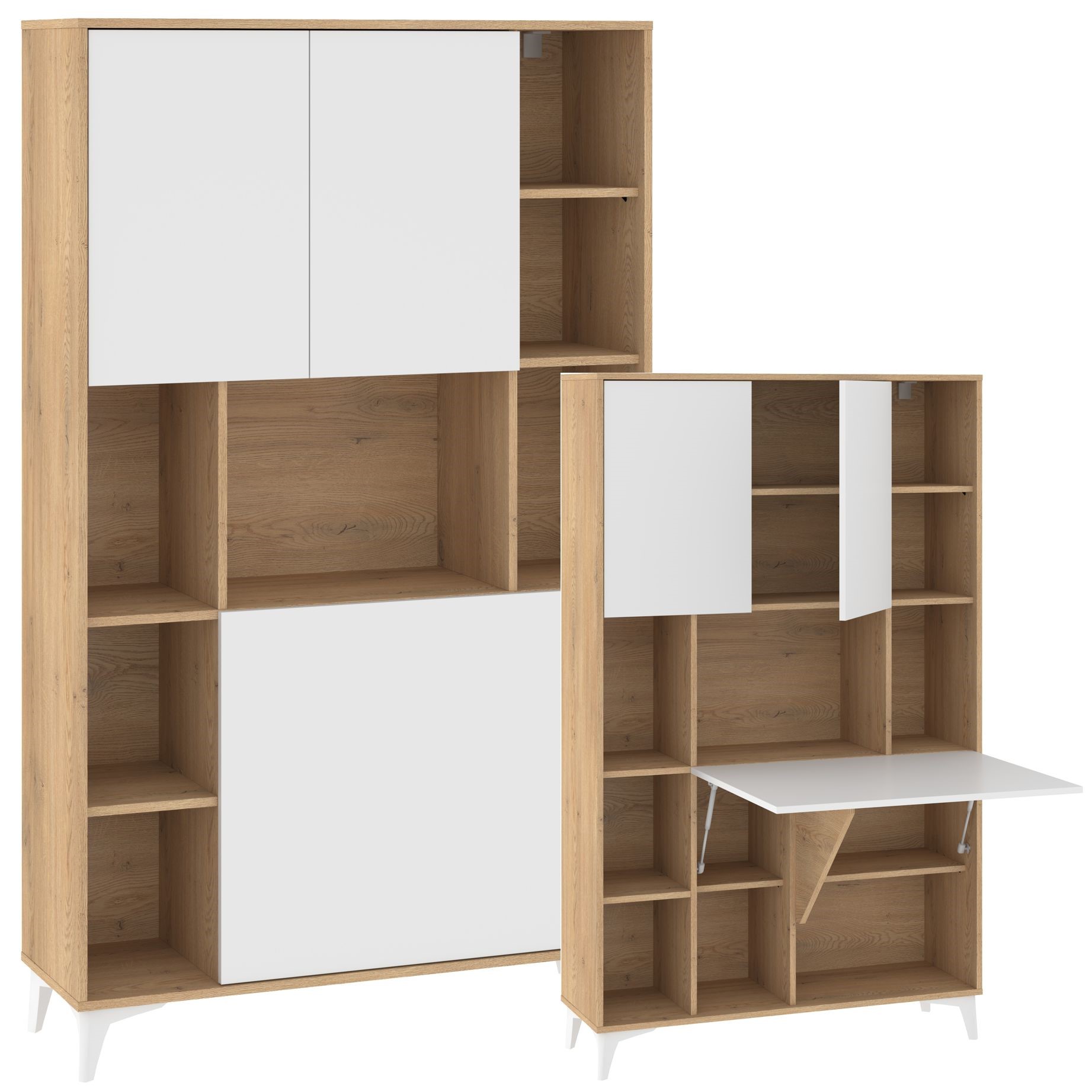 MEGI 2 baldų knygų lentyna + sulankstomas stalas, kremonos ąžuolas / baltas blizgus