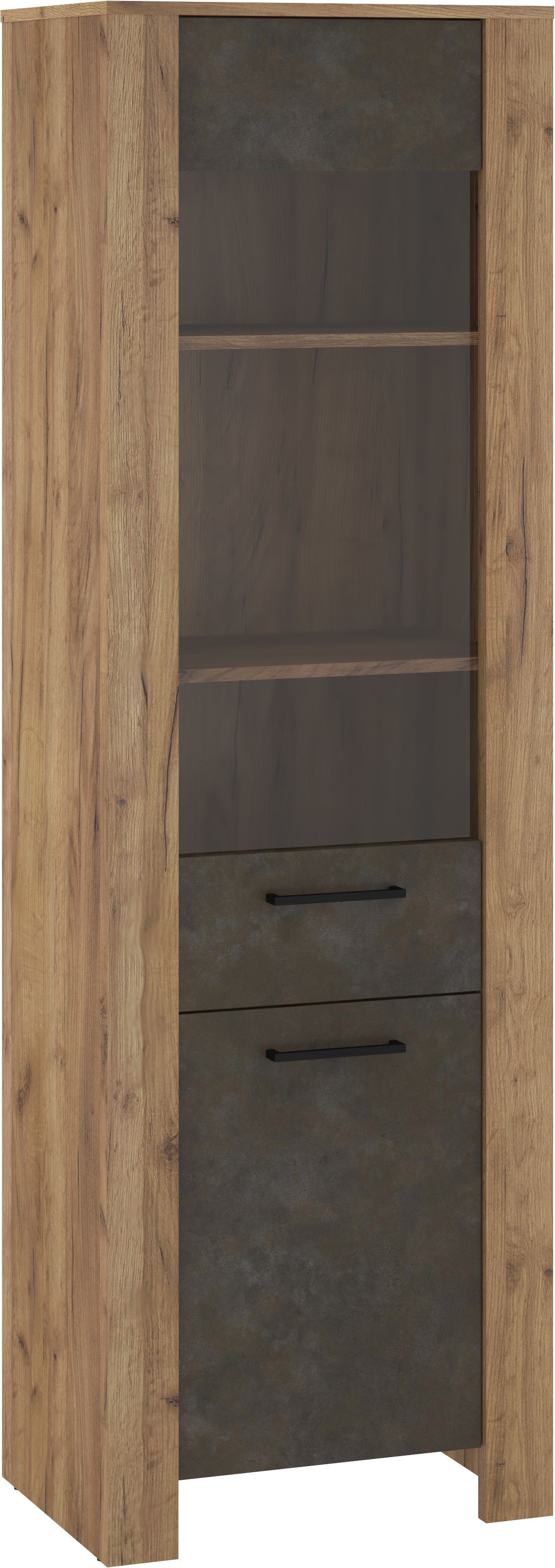 DELIS 15 baldai, aukšta, siaura vitrina svetainei, dirbtinio ąžuolo spalva, auksinės granados ruda spalva