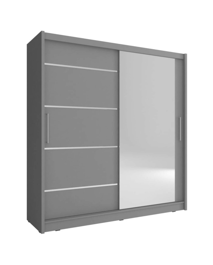 Maja 1 aliuminio spinta, dviejų durų, 200 cm, stumdomos, lentynos, pakaba, veidrodis, grafito spalvos