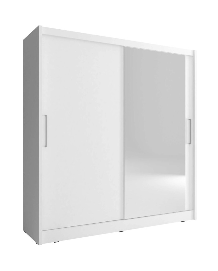 Maja 1 spinta, dvidurė, 200 cm, stumdomos, lentynos, pakaba, veidrodis, balta