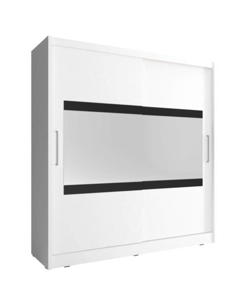 Maja 4 spinta, dvidurė, 180 cm, stumdomos, lentynos, pakaba, veidrodžiai, balta