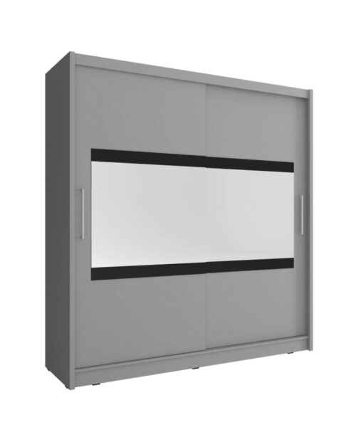 Maja 4 spinta, dvidurė, 180 cm, stumdomos, lentynos, pakaba, veidrodžiai, grafito spalvos