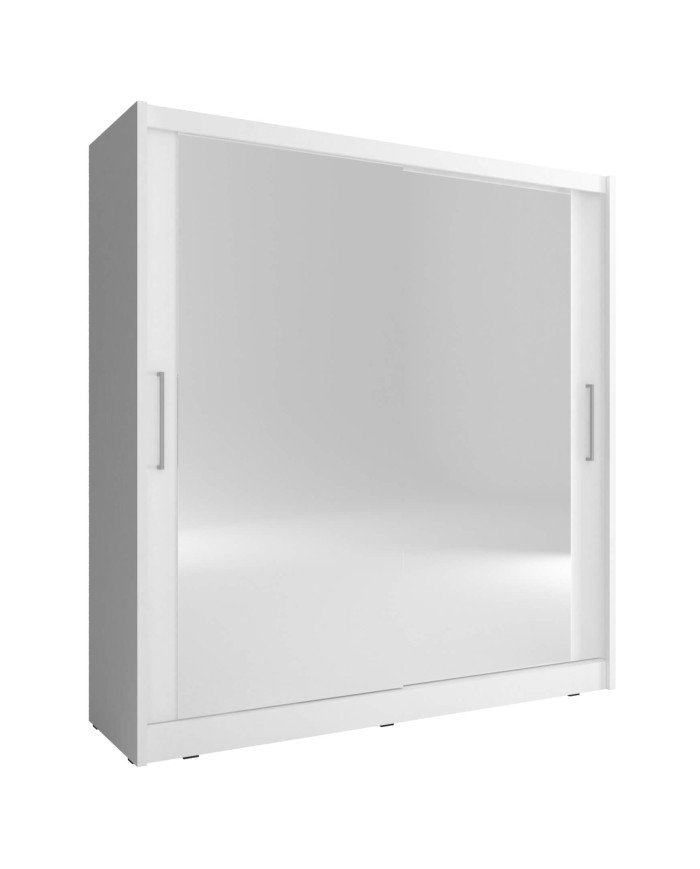 Maja 6 spinta, dvidurė, 200 cm, stumdomos, lentynos, pakaba, veidrodžiai, balta