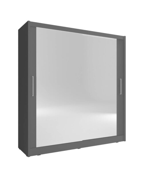 Maja 6 spinta, dviejų durų, 200 cm, stumdomos, lentynos, pakaba, veidrodžiai, grafito spalvos