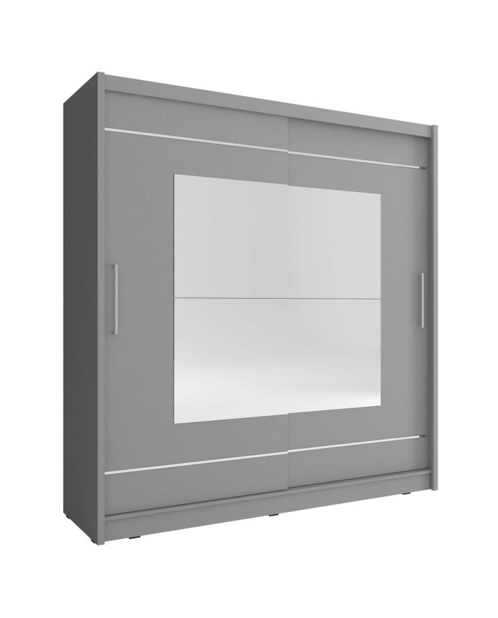 Maja 9 spinta, dvidurė, 180 cm, stumdomos, lentynos, pakaba, veidrodžiai, grafito spalvos