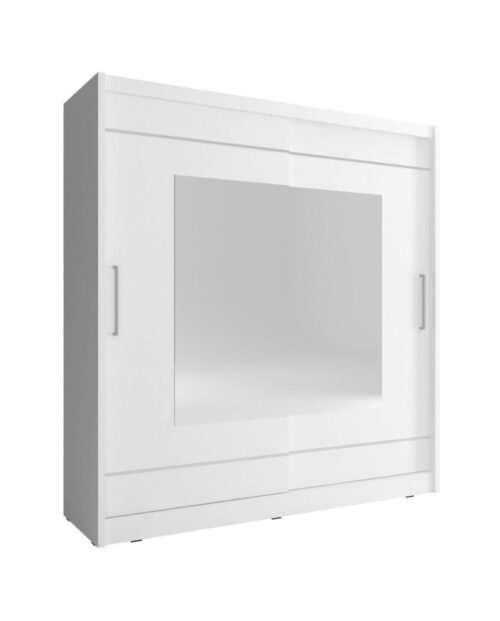 Maja 9 spinta, dvidurė, 200 cm, stumdomos, lentynos, pakaba, veidrodžiai, balta