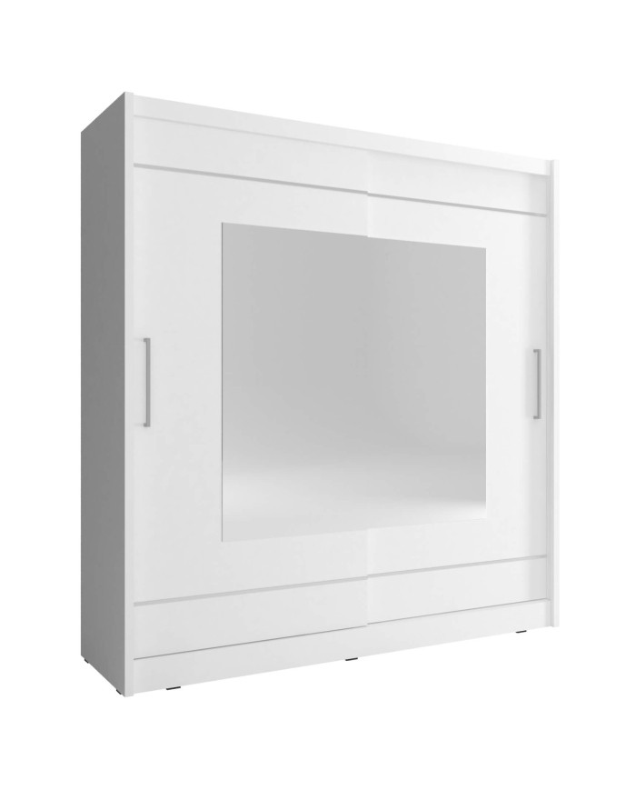 Maja 9 spinta, dvidurė, 200 cm, stumdomos, lentynos, pakaba, veidrodžiai, balta