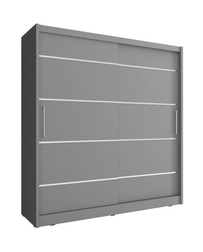 Maja aliuminio spinta, dviejų durų, 180 cm, stumdomos, lentynos, pakabinimo karnizas, grafito spalvos